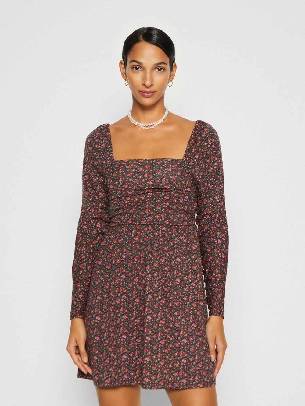 GAP Floral Square-Neck Long Sleeve Mini Dress - Black with Pink Floral